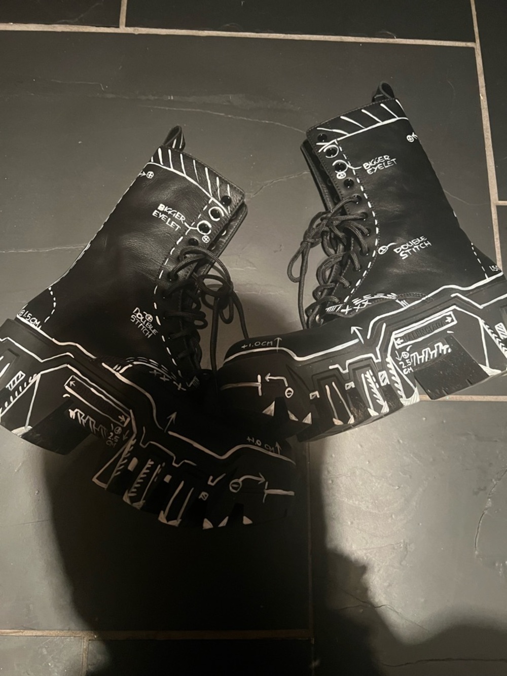 Balenciaga Black and White Graphic Platform Combat Boots - Picture 2 of 6